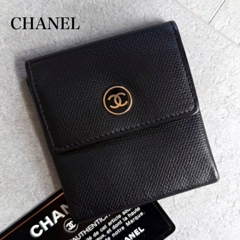 Chanel Coco Button Coco Mark Leather Coin Case Bl… - image 1